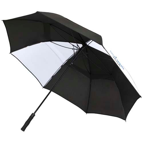 Promotional golf umbrellas made from polyester with custom branding options.