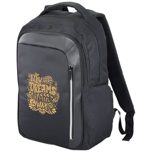 Promotional laptop backpacks made from 600d of polyester with custom branding options.
