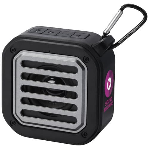 Branded Solo 3W IPX5 RCS recycled plastic solar Bluetooth speaker with carabiner 