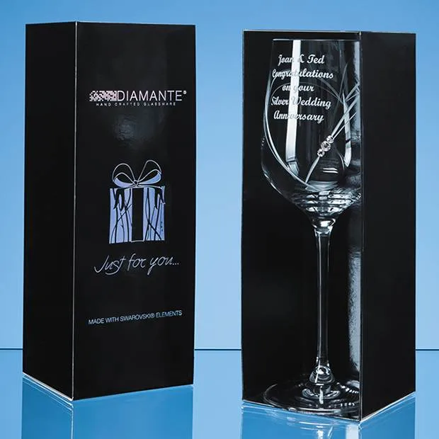 Custom Printed Just For You Diamante Wine Glass with Heart Shaped Cutting in an attractive Gift Box