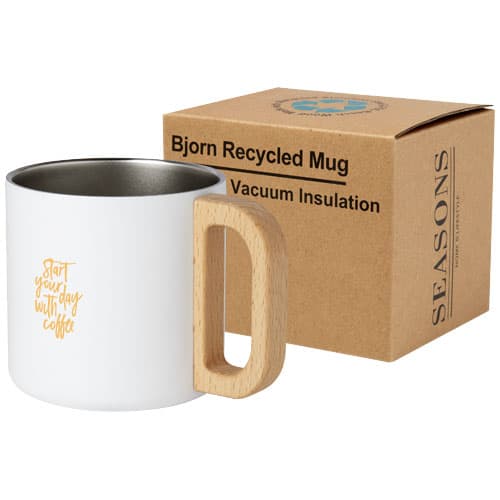 Promotional insulated mugs made from recycled stainless steel with custom branding options.