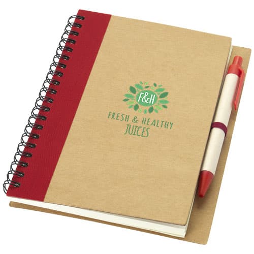 Promotional hard cover notebooks made from recycled paper with custom branding options.