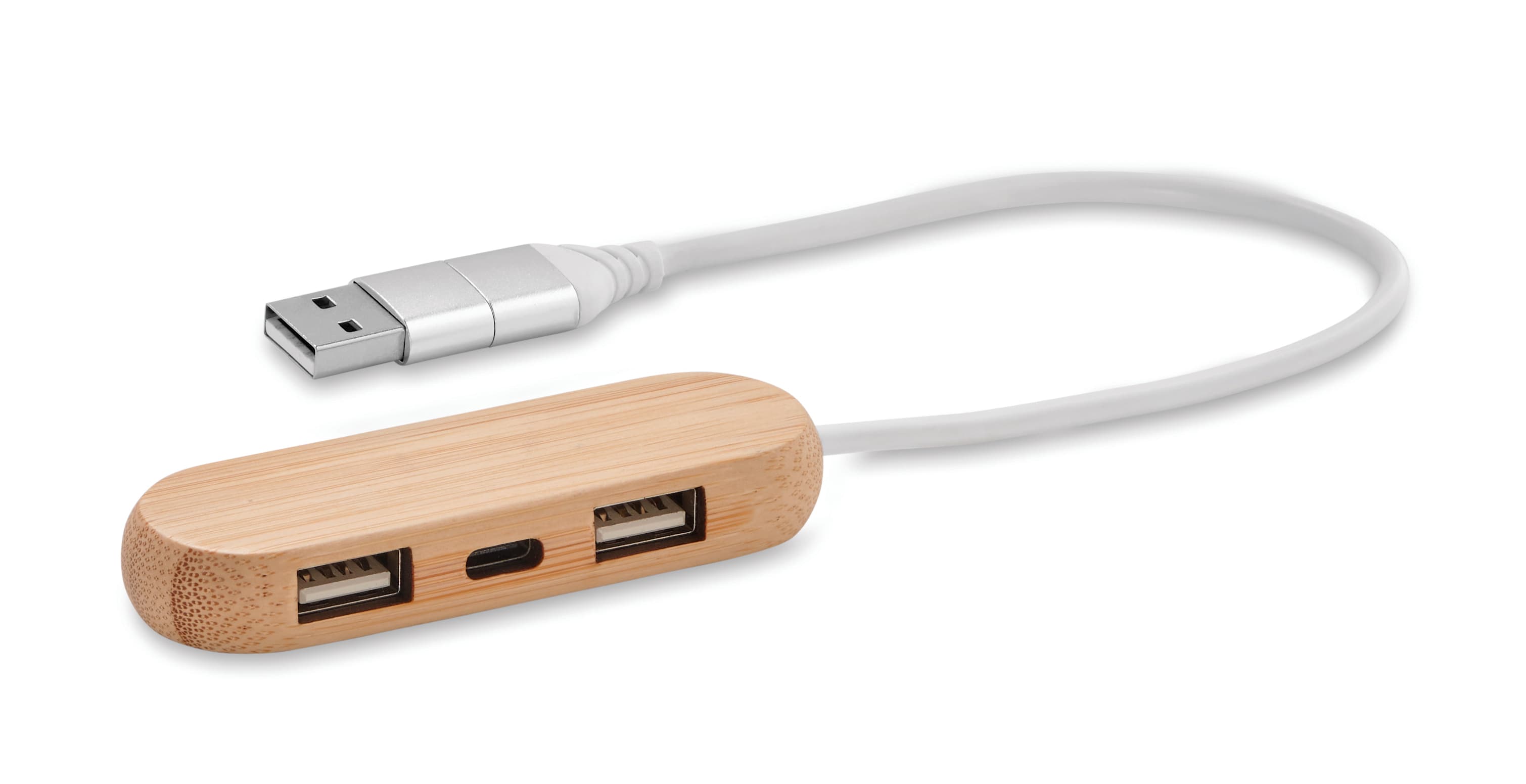 Branded Bamboo 3 Port Usb Hub With Dual Input