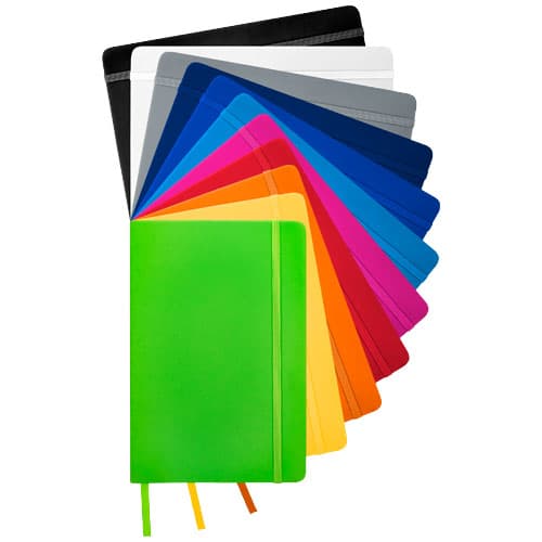 Promotional hard cover notebooks made from fsc certified paper, pu plastic with custom branding options.